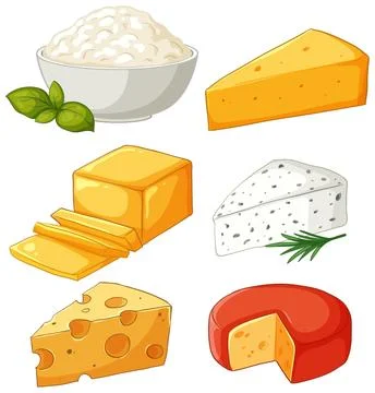 Assorted Dairy Products and Cheese Varieties Vector Illustration Set Stock Illustration