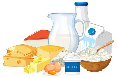 Assorted Dairy Products and Eggs on White Background Stock Illustration