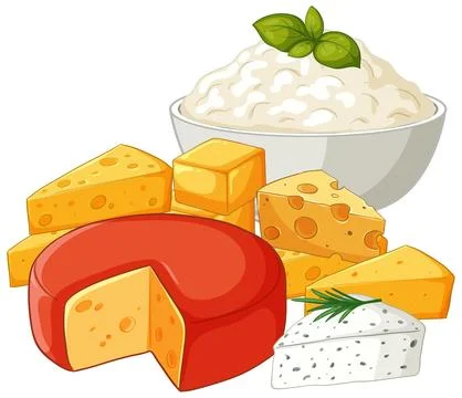 Assorted Dairy Products Including Cheese Wedges and Fresh Ricotta Bowl Stock Illustration