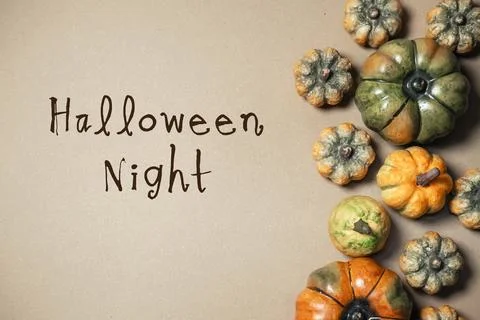 Assorted Decorative Pumpkins with Halloween Night Text Stock Photos