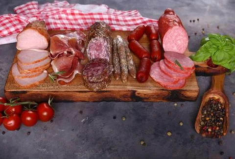 Assorted deli meats ham, salami, prosciutto Stock Photos