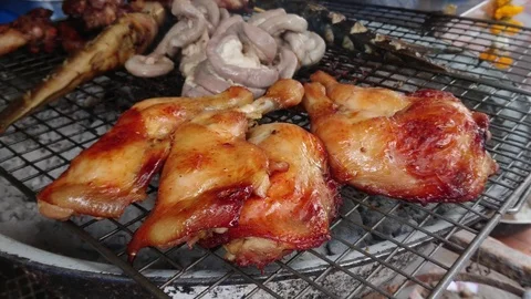 Assorted delicious grilled meat over the coals on a barbecue, Zoom in. Stock Footage 95458974