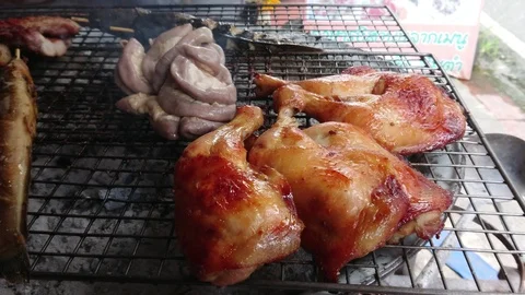 Assorted delicious grilled meat over the coals on a barbecue, Zoom in. Stock Footage 95720614