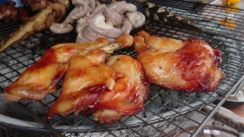 Assorted delicious grilled meat over the coals on a barbecue, Zoom in. Stock Footage 96983881