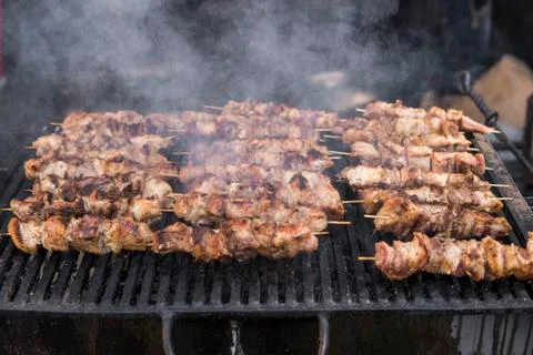 Assorted delicious grilled meat over the coals on barbecue. Stock Photos