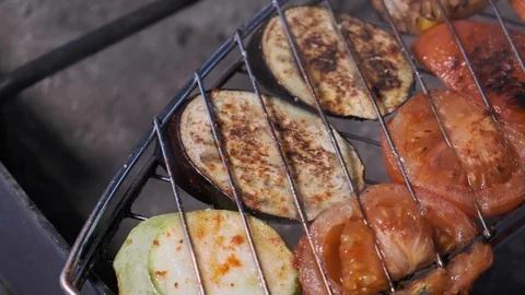 Assorted delicious grilled meat with vegetable over the coals on a barbecue Stock Footage 103101270