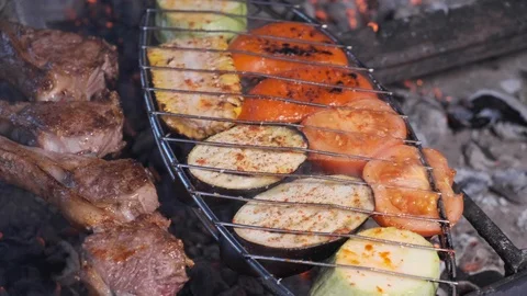 Assorted delicious grilled meat with vegetable over the coals on a barbecue Stock Footage 103101444