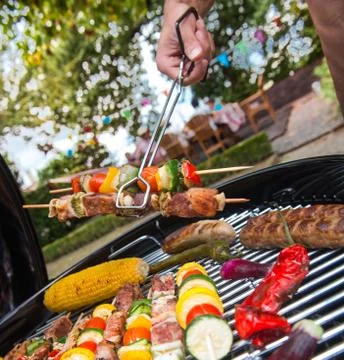 Assorted delicious grilled meat with vegetable over the coals on a barbecue Foto stock
