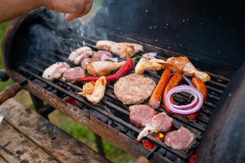 Assorted delicious grilled meat with vegetables over the coals on barbecue Stock Photos