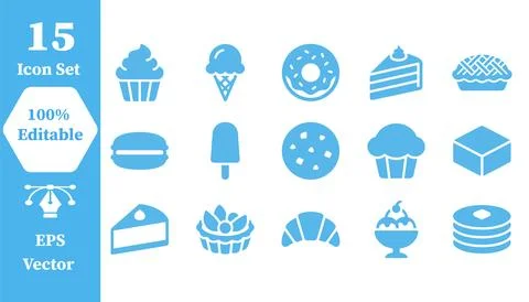 Assorted dessert and bakery item flat vector icons with ice cream, popsicle Illustrazione stock