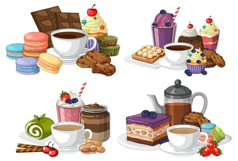 Assorted Dessert and Coffee Vector Illustration Set on White Background Stock Illustration