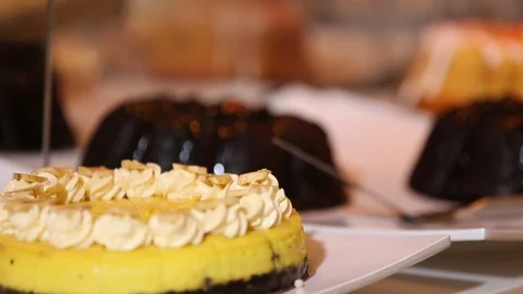 Assorted desserts cakes pies on buffet 1 Stock Footage 123874256