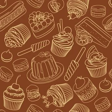 Assorted desserts. Linear seamless vector pattern. Stock Illustration