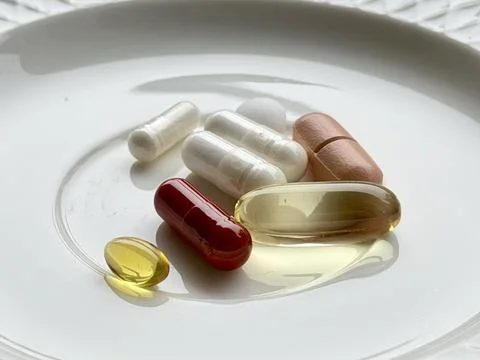Assorted Dietary Supplements on Plate Stock Photos
