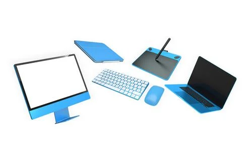 Assorted digital devices including monitor, laptop, tablet, keyboard and mo.. Stock Photos