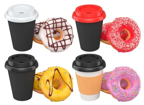 Assorted donuts with colorful icing and sprinkles next to takeaway coffee cups Stock Illustration