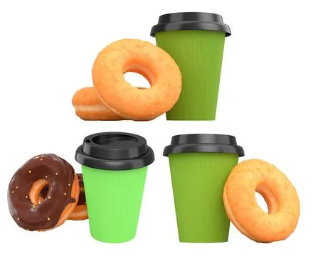 Assorted donuts with colorful icing and sprinkles next to takeaway coffee cups Stock Illustration