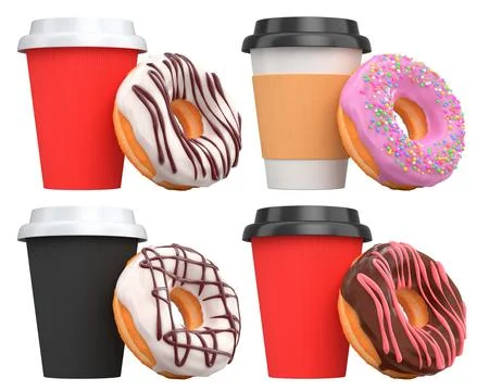 Assorted donuts with colorful icing and sprinkles next to takeaway coffee c.. Stock Illustration