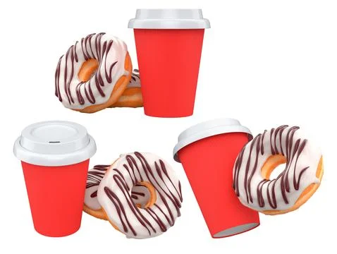 Assorted donuts with colorful icing and sprinkles next to takeaway coffee cup Stock Illustration