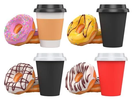 Assorted donuts with colorful icing and sprinkles next to takeaway coffee cups Stock Illustration