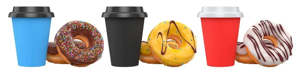 Assorted donuts with colorful icing and sprinkles next to takeaway coffee c.. 库存插图