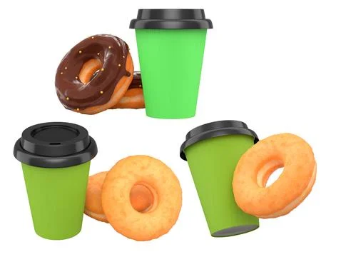 Assorted donuts with colorful icing and sprinkles next to takeaway coffee cup Stock Illustration