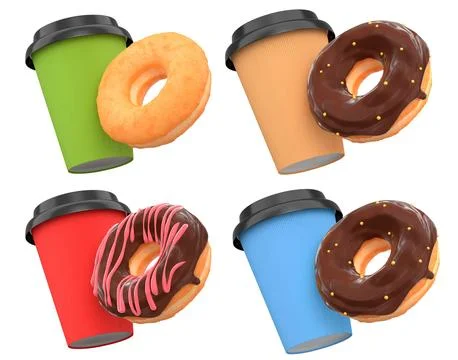 Assorted donuts with colorful icing and sprinkles next to takeaway coffee c.. Stock Illustration