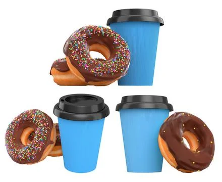Assorted donuts with colorful icing and sprinkles next to takeaway coffee cup Stock Illustration