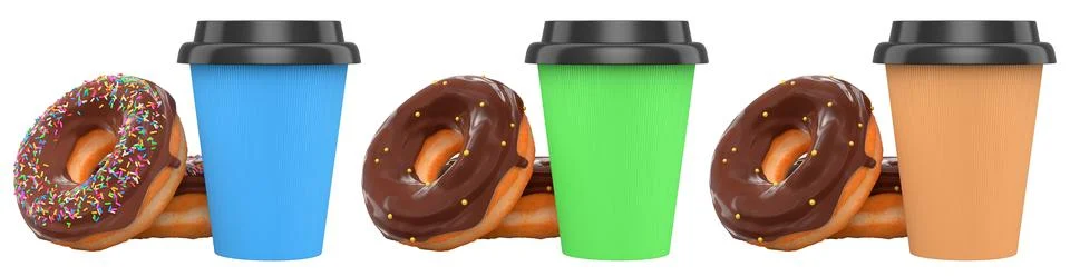 Assorted donuts with colorful icing and sprinkles next to takeaway coffee c.. Stock Illustration
