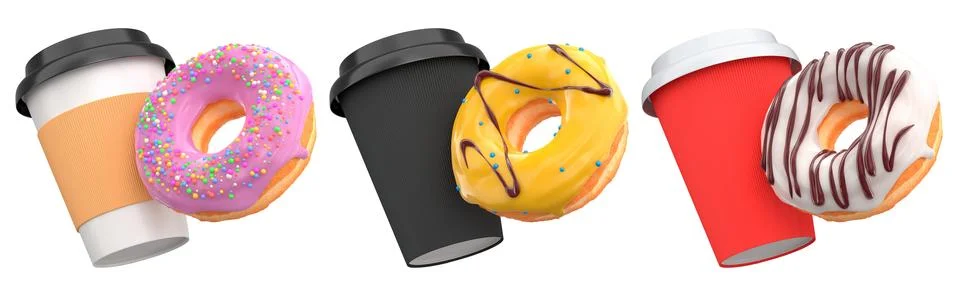 Assorted donuts with colorful icing and sprinkles next to takeaway coffee c.. Stock Illustration