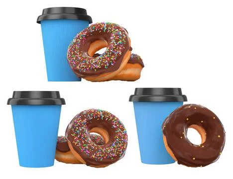 Assorted donuts with colorful icing and sprinkles next to takeaway coffee cup Stock Illustration