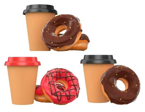 Assorted donuts with colorful icing and sprinkles next to takeaway coffee cup Stock Photos