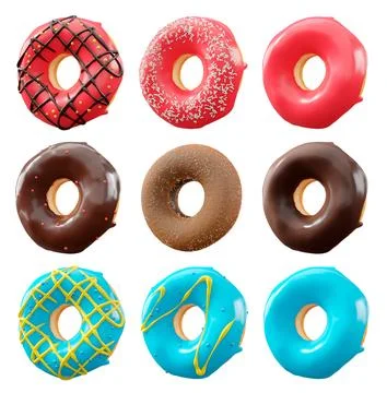 Assorted donuts with colorful icing, sprinkles, and chocolate isolated on white Stock Illustration