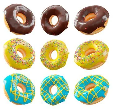 Assorted donuts with colorful icing, sprinkles, and chocolate isolated on white Stock Illustration