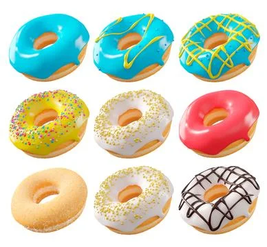 Assorted donuts with colorful icing, sprinkles, and chocolate isolated on white Stock Illustration