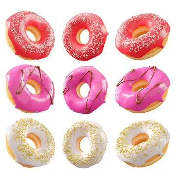 Assorted donuts with colorful icing, sprinkles, and chocolate isolated on whi Stock Illustration