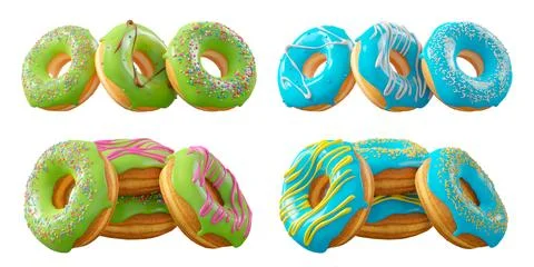 Assorted donuts with colorful icing, sprinkles, and chocolate isolated on whi Stock Illustration