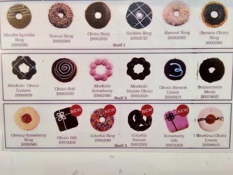 Assorted Donuts Menu Grid Concept, Various Flavors Doughnuts Chart with Product Ilustración de archivo