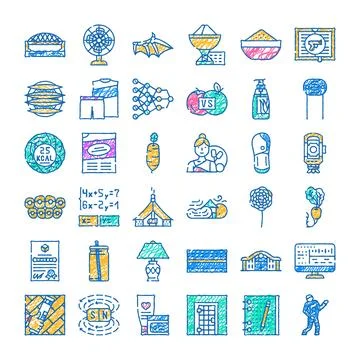Assorted doodle illustrations collage depicting various objects Stock Illustration