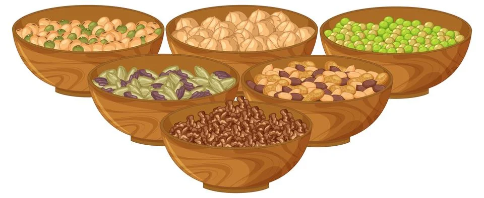 Assorted Dried Beans and Nuts in Wooden Bowls Stock Illustration