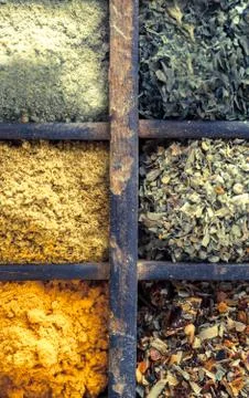 Assorted dried herbs and spices Stock Photos