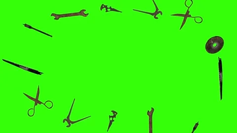 Assorted Dynamic vintage rusty tools animation on green screen Vidéo 334891118