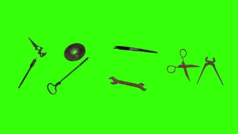 Assorted Dynamic vintage rusty tools animation on green screen Vidéo 334891126