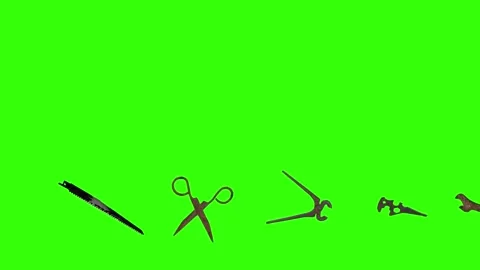 Assorted Dynamic vintage rusty tools animation on green screen Vidéo 334891128