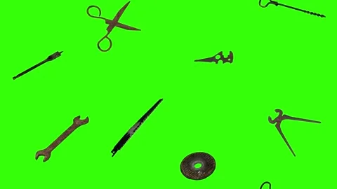 Assorted Dynamic vintage rusty tools animation on green screen Vidéo 334891132