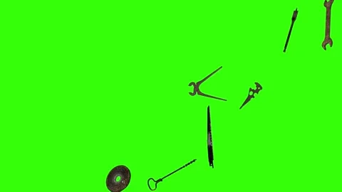 Assorted Dynamic vintage rusty tools animation on green screen Vidéo 334891136
