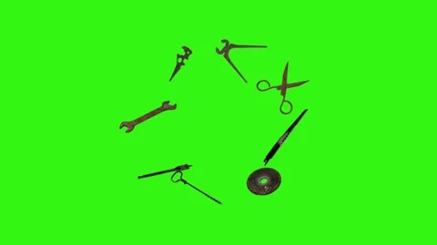 Assorted Dynamic vintage rusty tools animation on green screen Vidéo 334891140