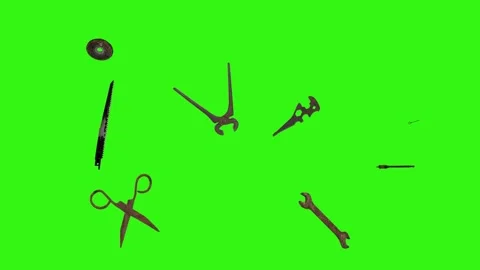 Assorted Dynamic vintage rusty tools animation on green screen Vidéo 334891142