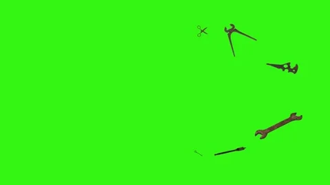 Assorted Dynamic vintage rusty tools animation on green screen Vidéo 334891144