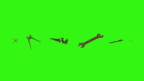 Assorted Dynamic vintage rusty tools animation on green screen Vidéo 334891146